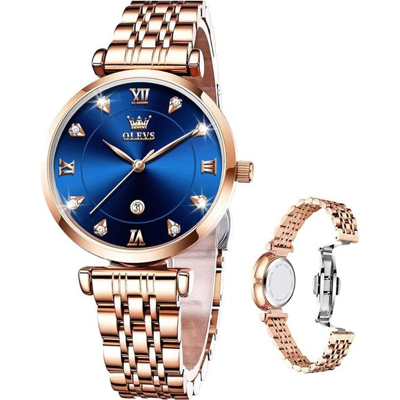 Women Rose Gold Stainless Steel Band Blue Dial Quartz Small Face Watch main image 6